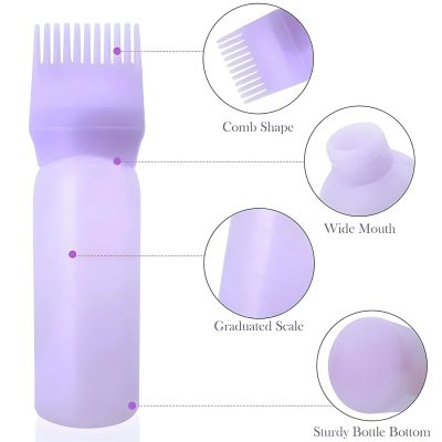 Light purple hair clip with comb shape, wide mouth, graduated scale, and sturdy bottle bottom design for professional salon or home hair styling.