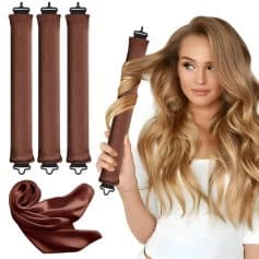 Silk hair curlers with a woman demonstrating soft, voluminous, and glossy hair, ideal for professional hair styling and hair care products.