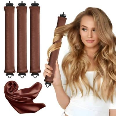 Silk hair curlers with a woman demonstrating soft, voluminous, and glossy hair, ideal for professional hair styling and hair care products.