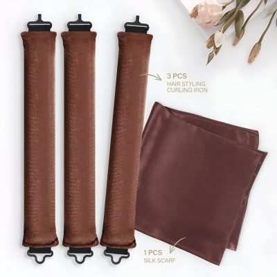 Brown hair styling curling iron wraps with adjustable clips and a silk scarf for hair care and styling. Ideal for professional salons and personal use, enhancing hair texture and volume.