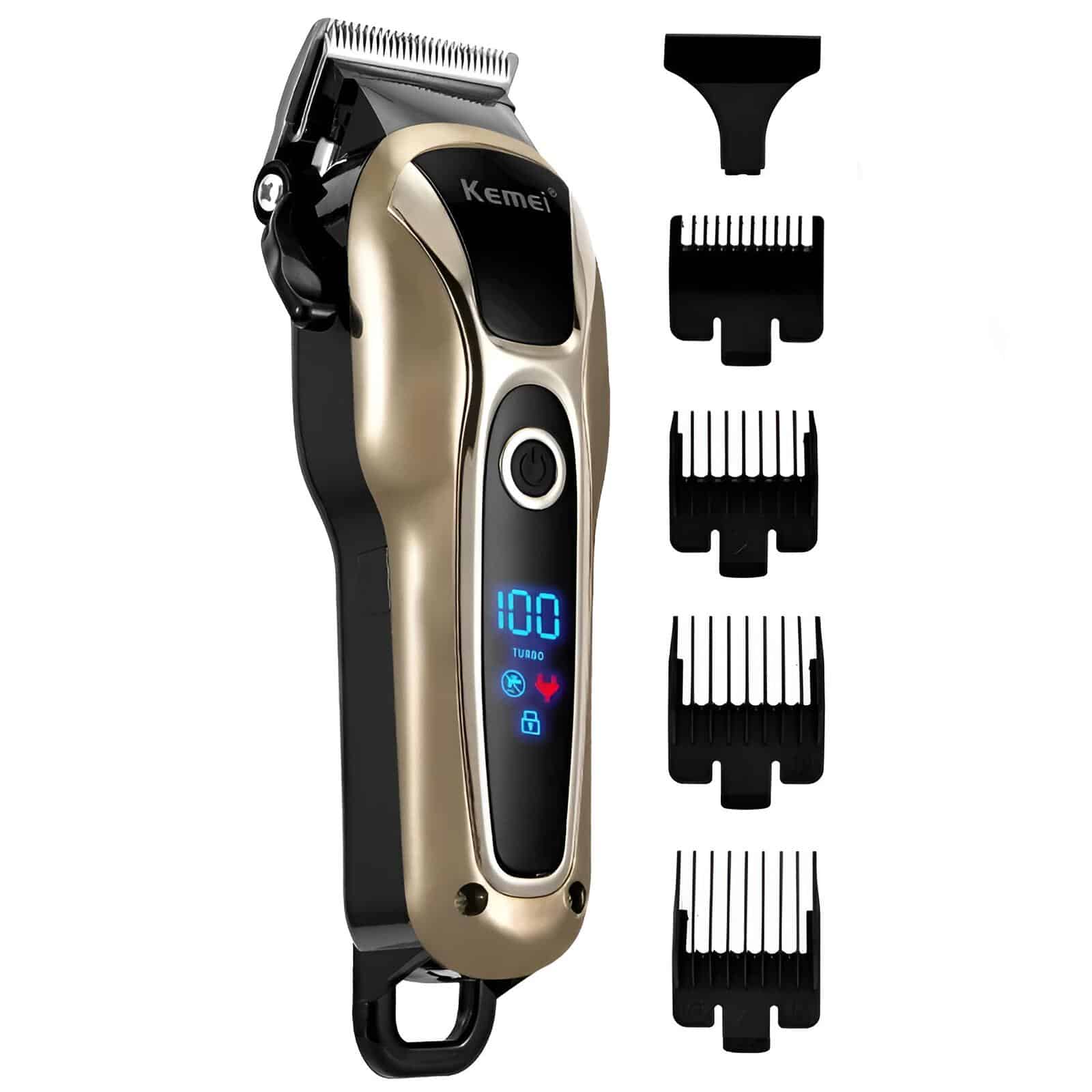 Kemei professional hair clipper with digital display and multiple attachment guards for precise haircut grooming. Suitable for home and salon use, featuring adjustable settings and ergonomic design.