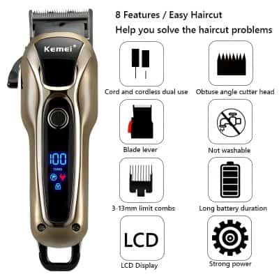 High-quality electric shaver with LCD display, automatic cleaning, and multi-clip options for easy grooming and precise haircuts. Perfect for professional and home use.