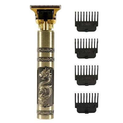 Intricate gold and silver electric beard trimmer with dragon design and multiple comb attachments for precision grooming and styling. Perfect for men seeking stylish grooming tools.
