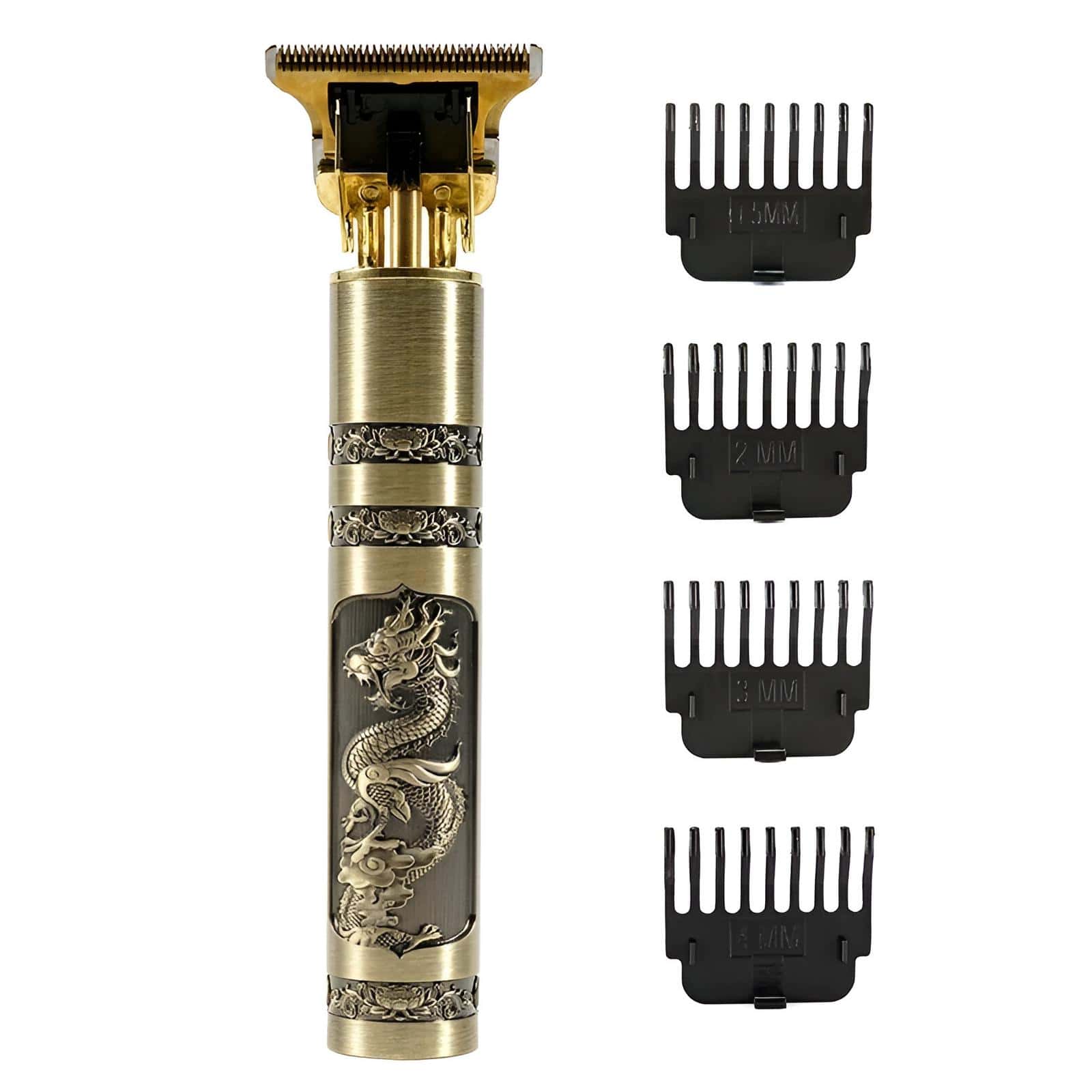 Intricate gold and silver electric beard trimmer with dragon design and multiple comb attachments for precision grooming and styling. Perfect for men seeking stylish grooming tools.