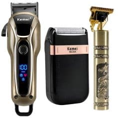 Gentlemen's electric shaver, trimmer, and razor accessories displayed for men's grooming and barber services.