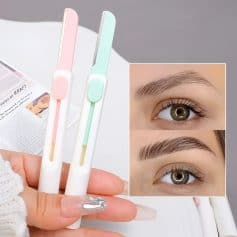 Gentle eyelash and eyebrow grooming tweezers in pastel pink and mint green, perfect for beauty salons and at-home brow shaping.