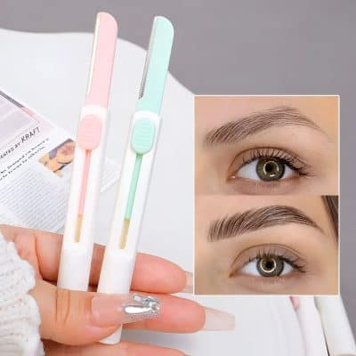 Gentle eyelash and eyebrow grooming tweezers in pastel pink and mint green, perfect for beauty salons and at-home brow shaping.