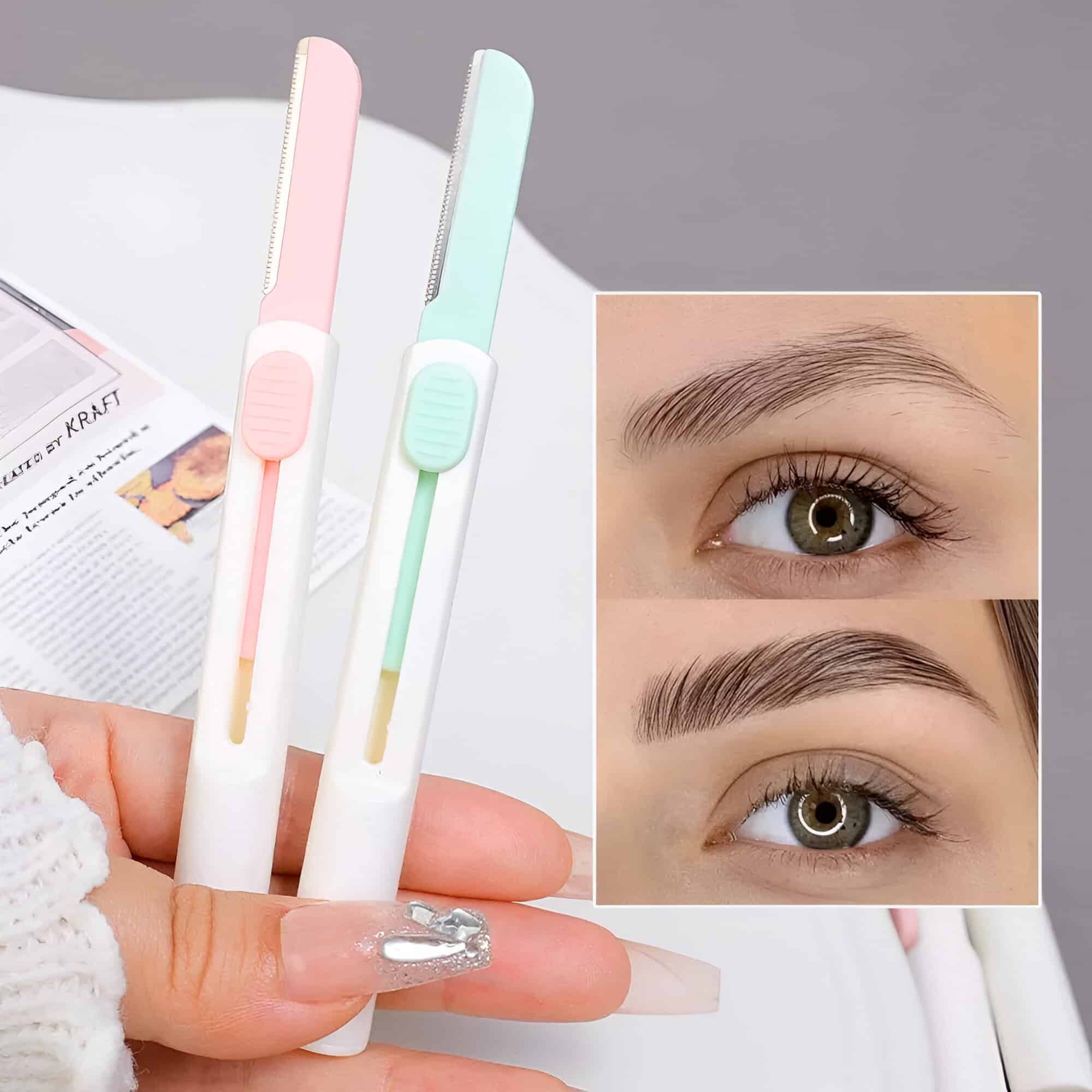 Gentle eyelash and eyebrow grooming tweezers in pastel pink and mint green, perfect for beauty salons and at-home brow shaping.