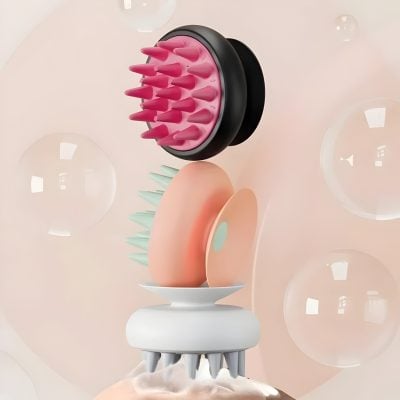 Pink facial cleansing brush with multiple silicone massage heads on a white stand for skincare routines.