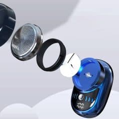 High-tech Bluetooth earphone parts disassembled for repair or assembly, modern audio device components, and digital hearing aid technology, emphasizing audio and electronic innovation.