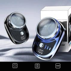 Black and blue electric shaver with adjustable settings, LCD display, and rechargeable battery, ideal for men's grooming, displayed with packaging on a white surface.