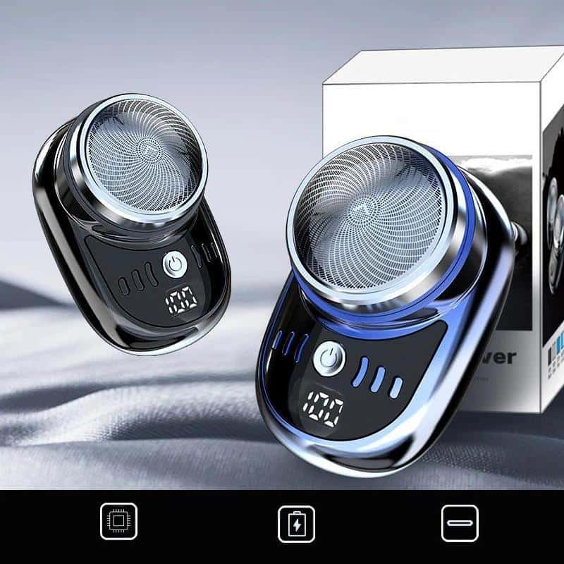 Black and blue electric shaver with adjustable settings, LCD display, and rechargeable battery, ideal for men's grooming, displayed with packaging on a white surface.