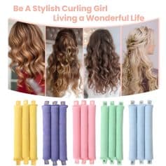 Silicone hair curlers in yellow, purple, pink, green, and blue colors for styling curly hair. Easy-to-use hair rollers for at-home or salon hair curling techniques. Durable and gentle on hair.