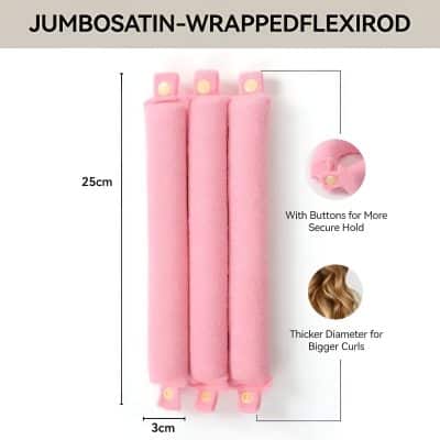 Soft pink hair curlers made of plush fabric, featuring secure button closures for comfortable use and a thicker diameter ideal for big curls, 25cm in length.