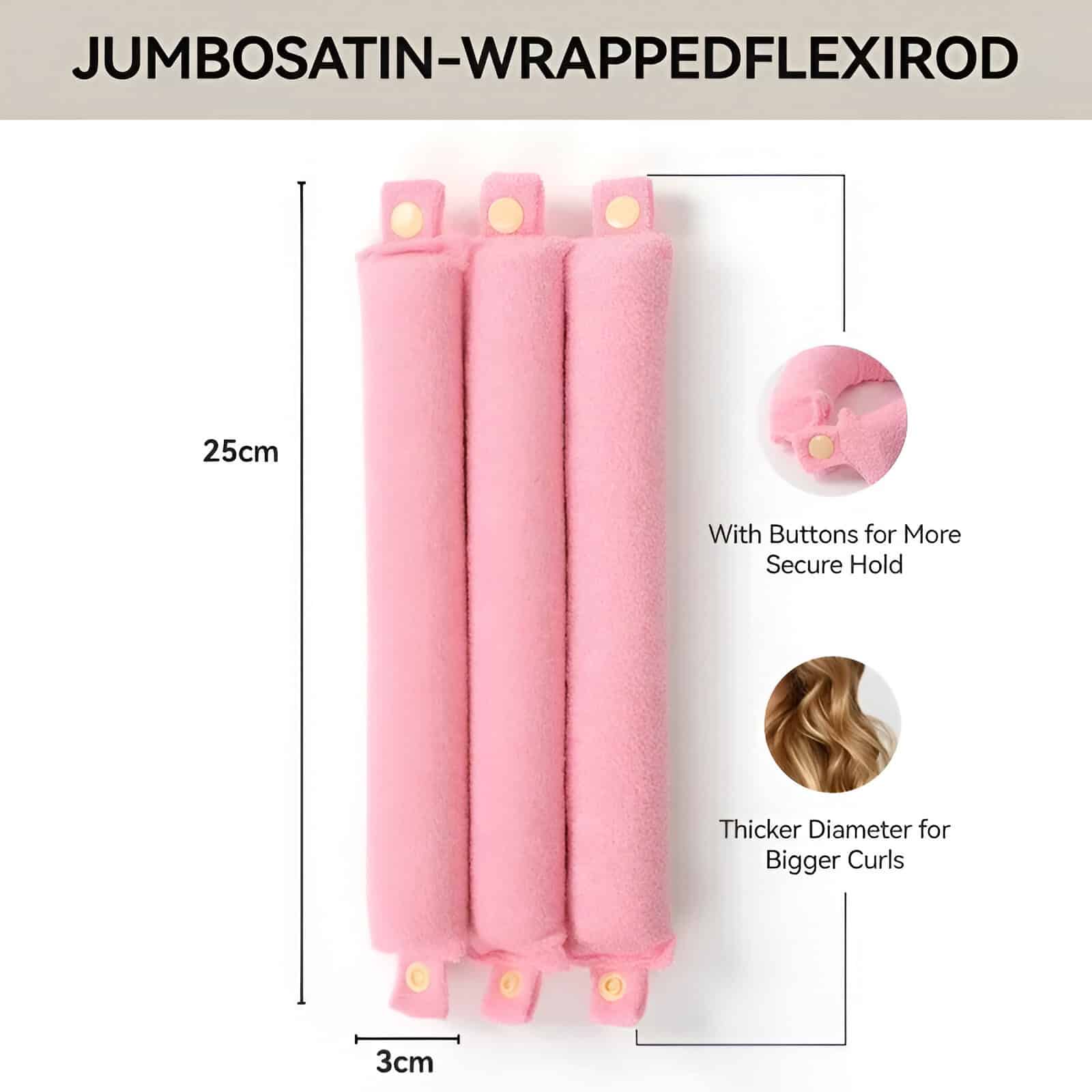 Soft pink hair curlers made of plush fabric, featuring secure button closures for comfortable use and a thicker diameter ideal for big curls, 25cm in length.