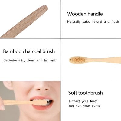 Eco-friendly wooden handle toothbrush for kids, bamboo charcoal bristles, soft toothbrush for gentle cleaning, natural oral care tools, Monalisa Medical store SEO product image.