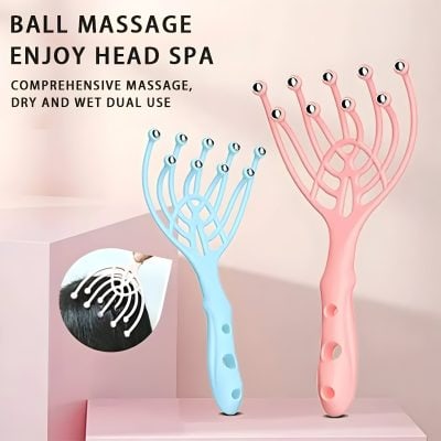 Soft silicone massage head massager in pink and blue for scalp relaxation and head spa treatments with dual dry and wet use options.