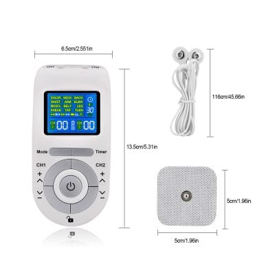Portable electronic muscle stimulator device for body slimming and muscle toning, includes wireless electrodes and user-friendly LCD screen for customizable treatment settings.