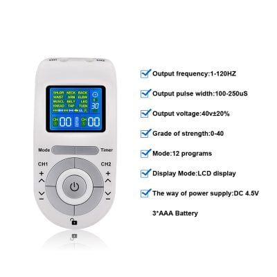 Advanced electrotherapy device for pain relief and muscle stimulation at Monalisa Store, featuring LCD display, multiple modes, adjustable parameters, and portable design for effective health management.