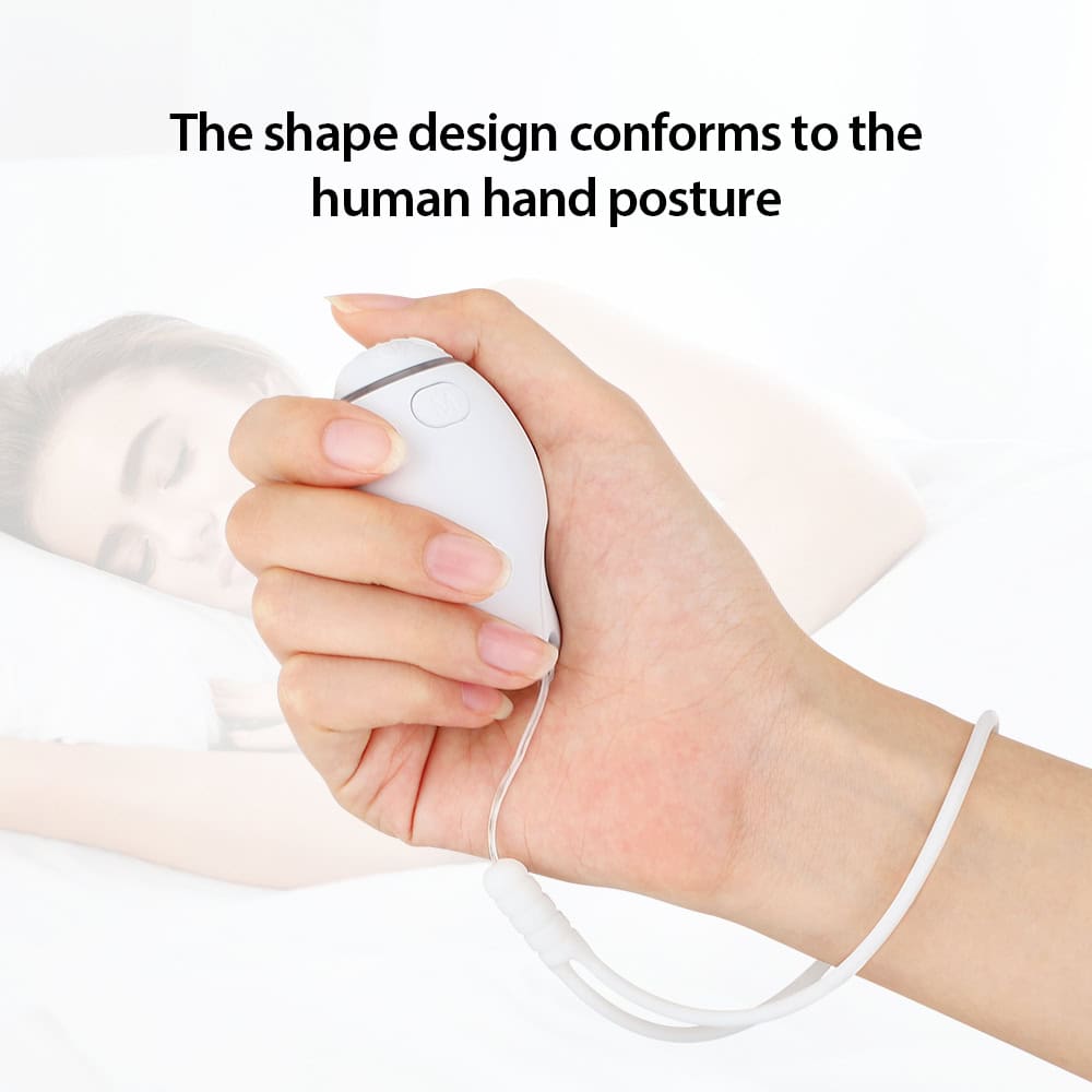 Handheld therapy device demonstrating ergonomic design for human hand posture, part of Monalisa Optometry and eyewear solutions.