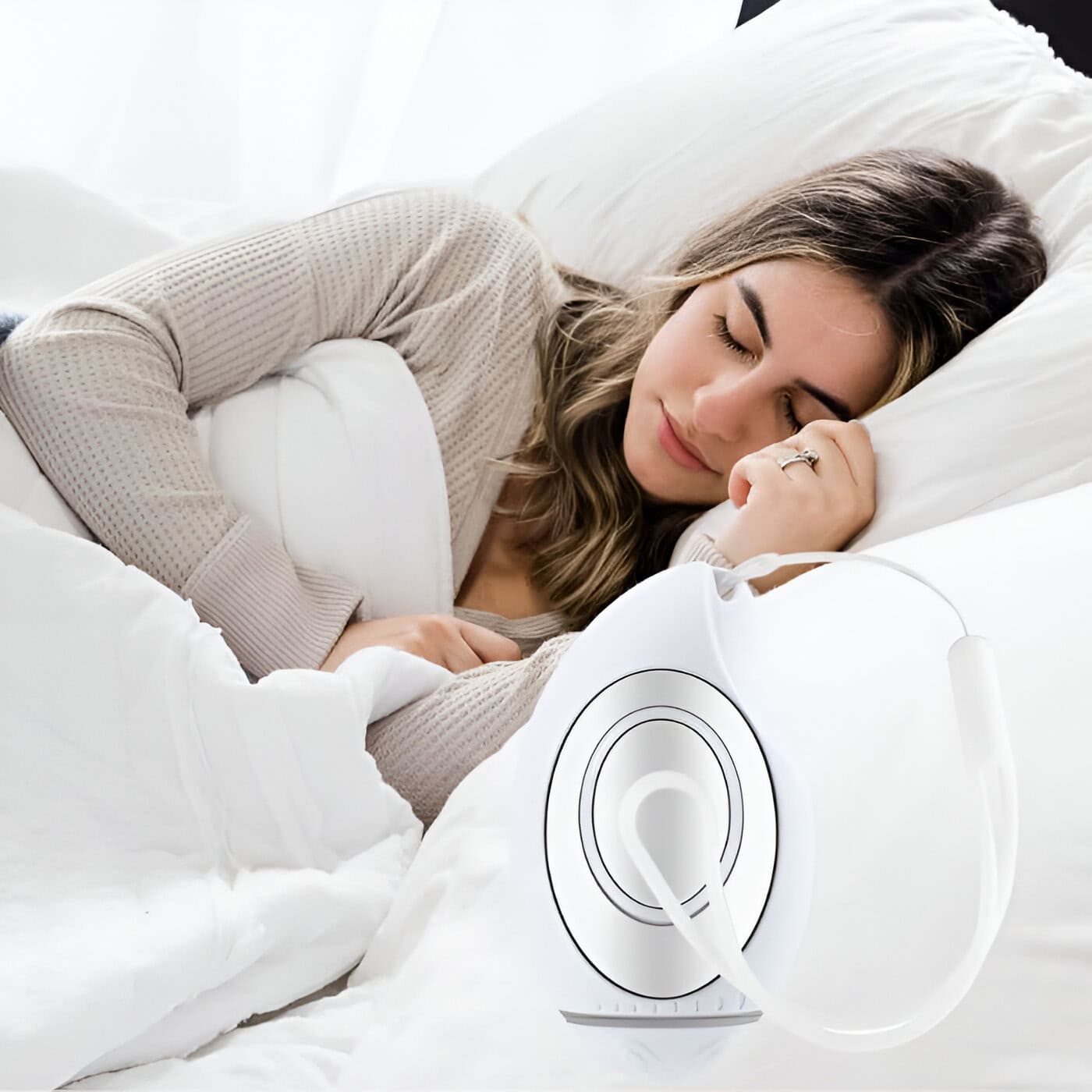 Relaxed young woman sleeping peacefully with eye mask on white bedding, using advanced sleep therapy device for better rest, at Monalisa Store.