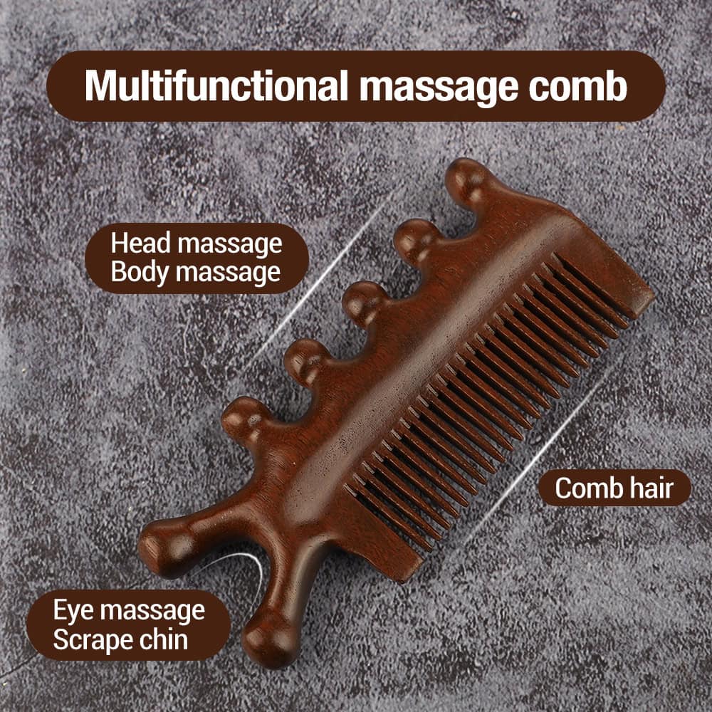 Multifunctional wooden massage comb for scalp and body massage, with head, eye, and body massage features, designed to stimulate hair growth and relaxation.