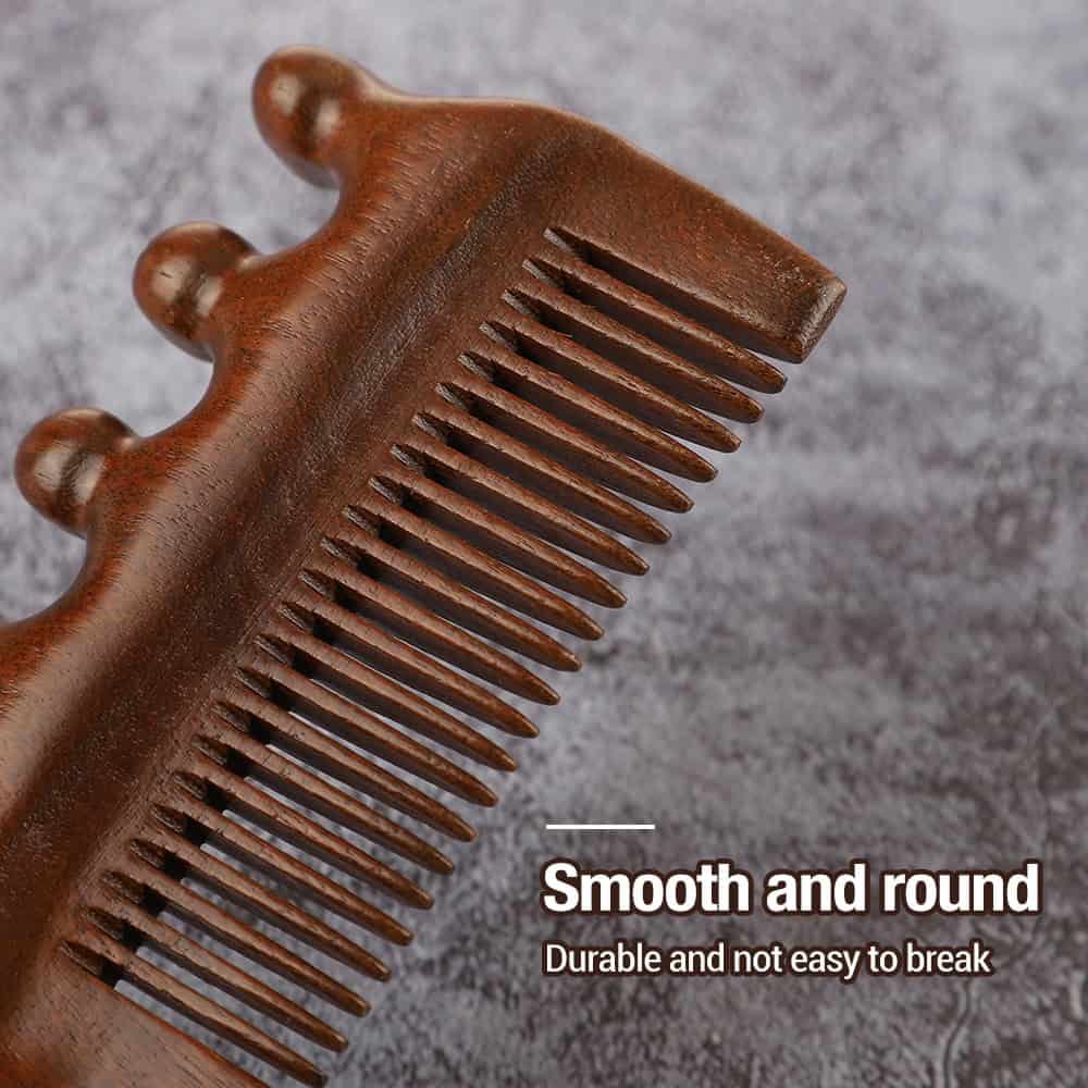 Polished wooden hair comb with rounded teeth, durable and sturdy, ideal for hair grooming.