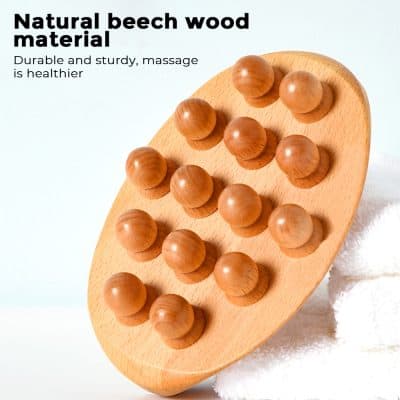 Beech wood massage tool with rounded balls, natural and durable wooden material for relaxation and therapy, ideal for home and spa use.