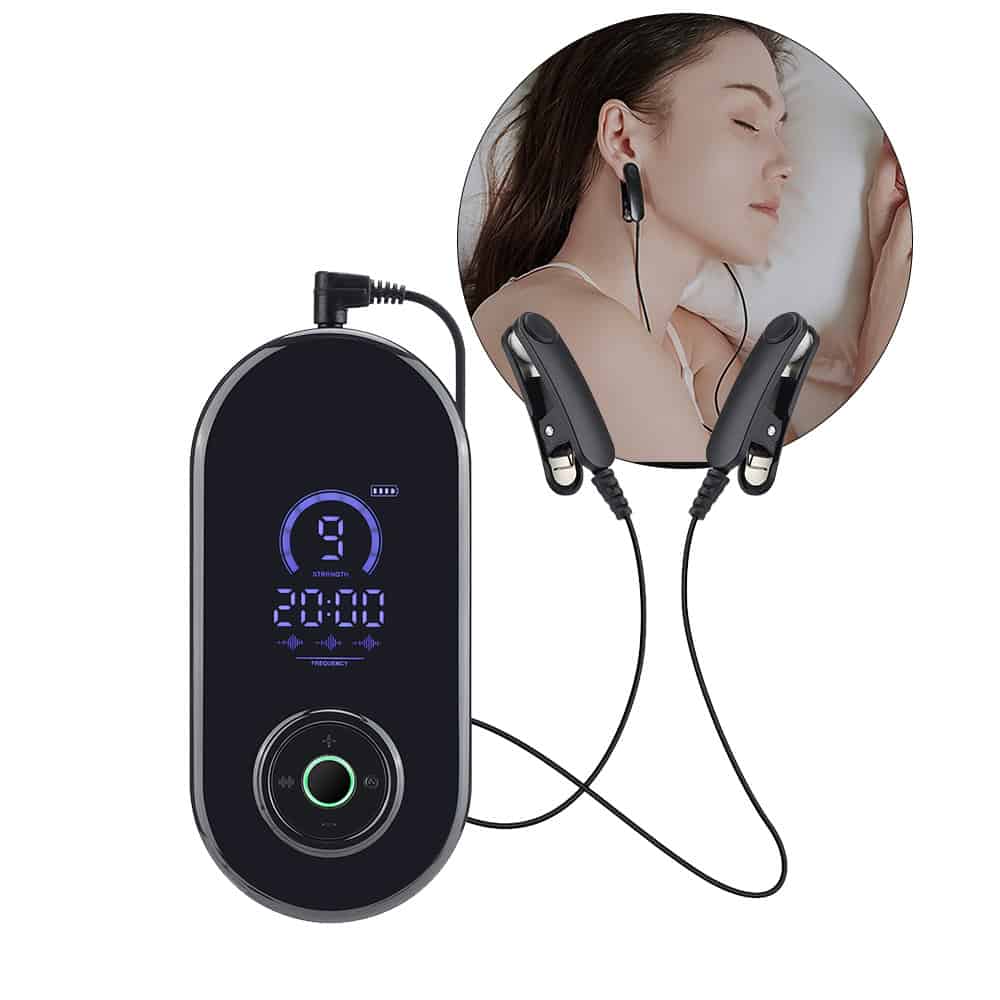Wireless therapy device with headphones for facial and neck care, designed for relaxing skincare treatments and pain relief, featuring adjustable settings and portable design.