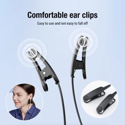 Comfortable black ear clip headphones with noise-isolating earbuds for hands-free calling and listening. Ultralight design with secure fit, ideal for home, office, or travel.