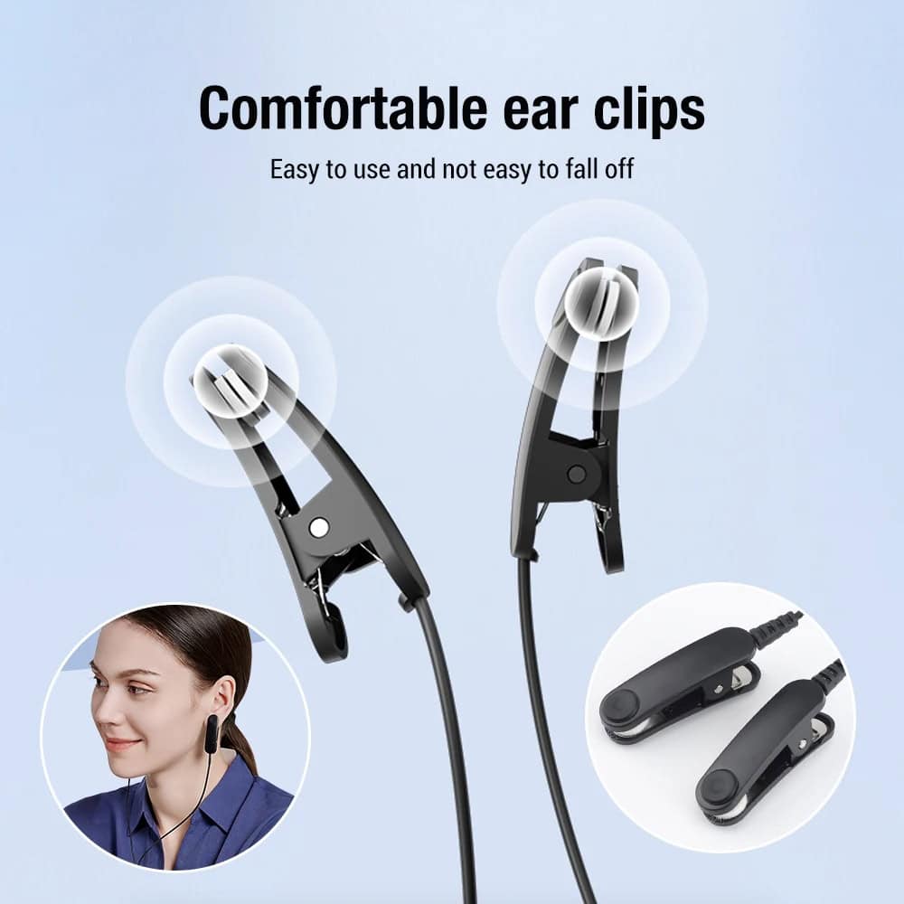 Comfortable black ear clip headphones with noise-isolating earbuds for hands-free calling and listening. Ultralight design with secure fit, ideal for home, office, or travel.