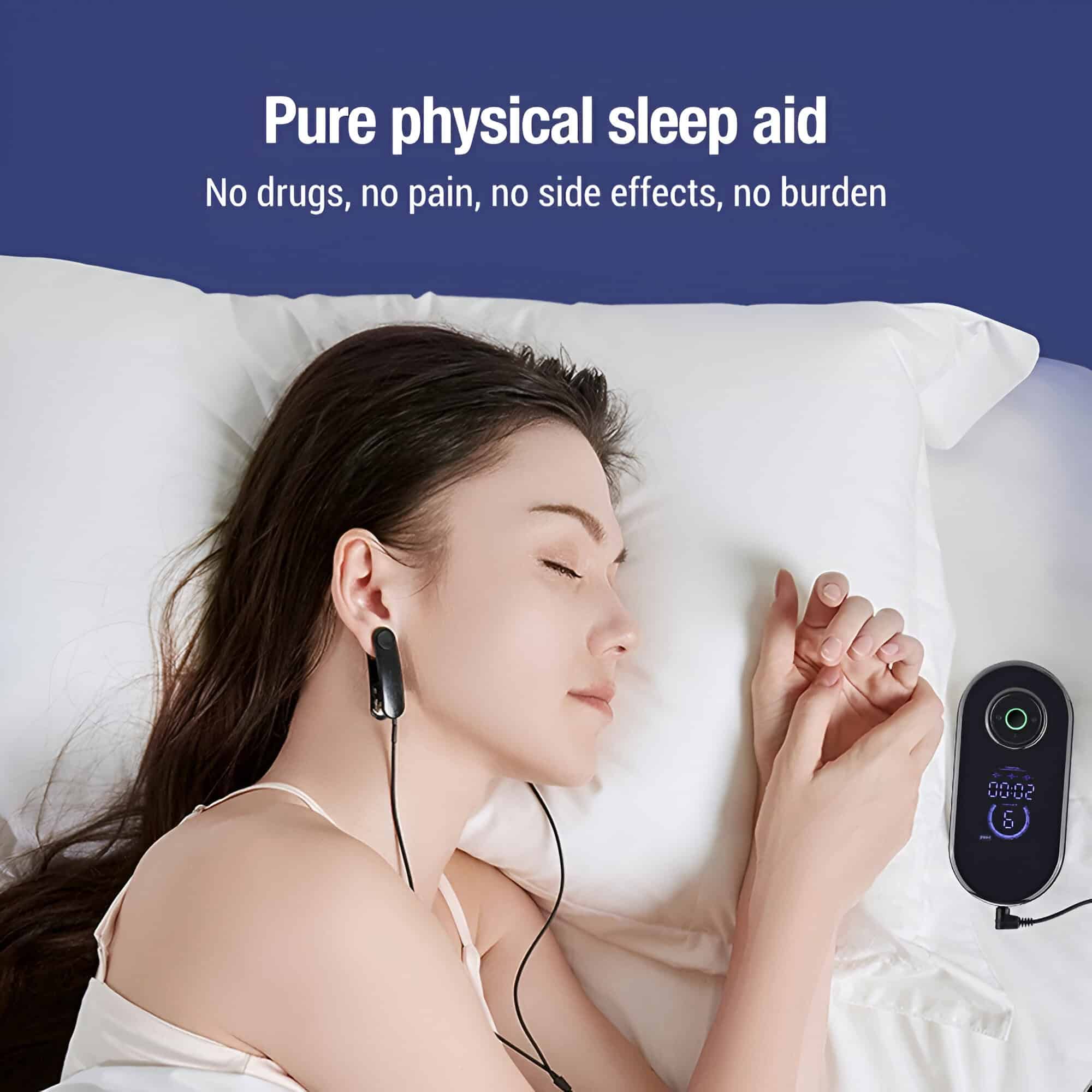 Calming woman sleeping peacefully with sleep aid device, promoting natural sleep solutions for better rest at Monalisa Medical Store.