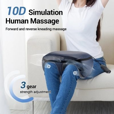 Wireless human massage device for home use, 10D simulation kneading massage with 3 gear strength adjustment, ergonomic design, effective relaxation therapy, and portable comfort.