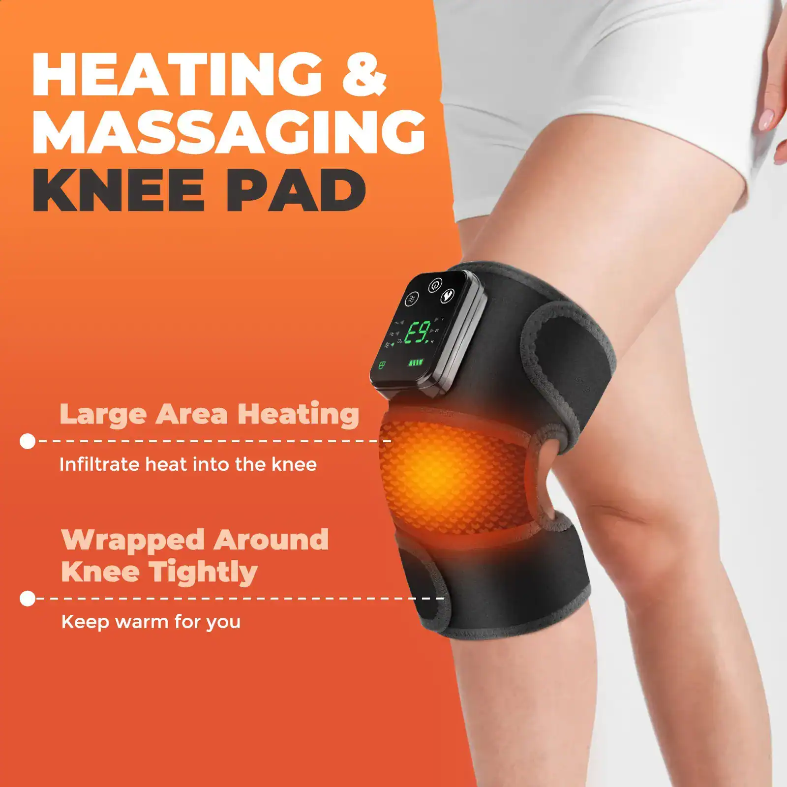 Knee heating pad with digital control, designed for heat therapy, pain relief, and muscle relaxation, wrapped around the knee for targeted warmth.
