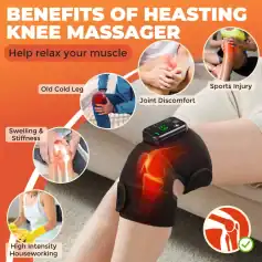 Knee massager device for pain relief, swelling, joint discomfort, sports injury recovery, and high-intensity household chores, with adjustable settings and therapeutic heat technology.