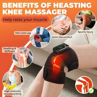 Knee massager device for pain relief, swelling, joint discomfort, sports injury recovery, and high-intensity household chores, with adjustable settings and therapeutic heat technology.