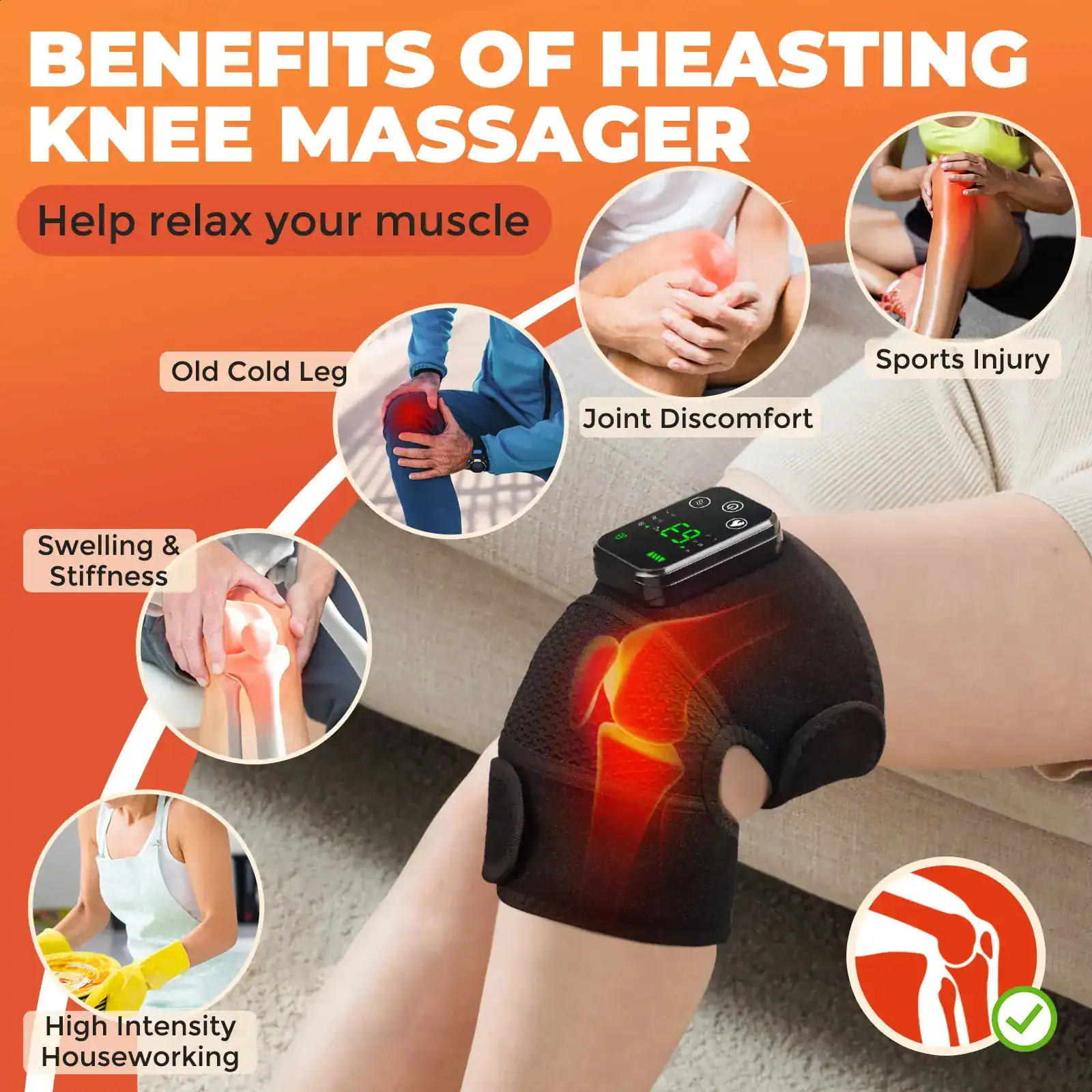 Knee massager device for pain relief, swelling, joint discomfort, sports injury recovery, and high-intensity household chores, with adjustable settings and therapeutic heat technology.