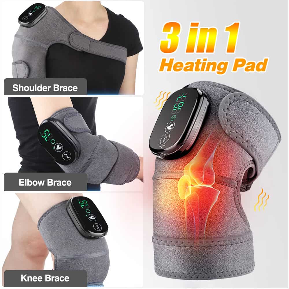 3-in-1 heating pad for shoulder, elbow, and knee pain relief, featuring adjustable temperature, ergonomic design, and targeted warmth for physical therapy and muscle relaxation.
