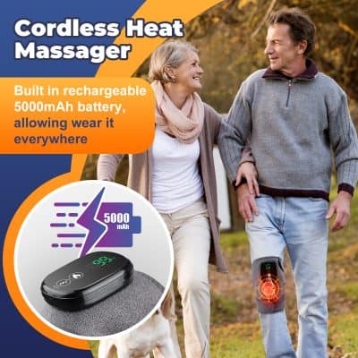 Wireless heated massage device for pain relief and relaxation, powered by a rechargeable 5000mAh battery, ideal for on-the-go comfort.