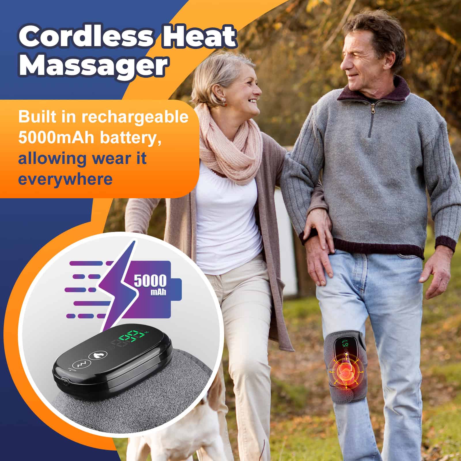 Wireless heated massage device for pain relief and relaxation, powered by a rechargeable 5000mAh battery, ideal for on-the-go comfort.