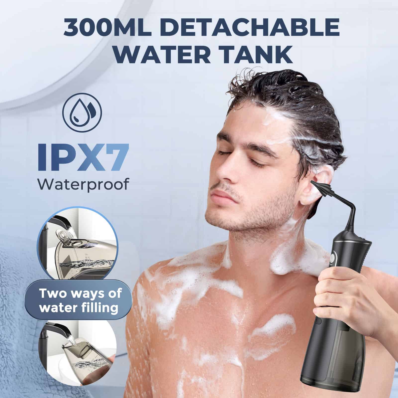 Dryer with water tank, waterproof, cordless, portable, dual water filling options, men's grooming, personal care, travel essentials, Monalisa Store, skincare device, health and beauty product, waterproof skin treatment, men's skincare gadget.