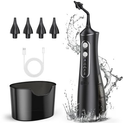 Rechargeable Water Flosser with 4 Jet Tips, USB Charging Cable, and Water Tank - Perfect for Dental Hygiene.