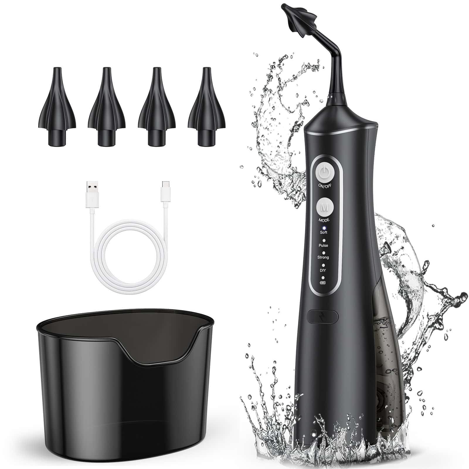 Rechargeable Water Flosser with 4 Jet Tips, USB Charging Cable, and Water Tank - Perfect for Dental Hygiene.