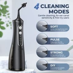 Cleanings modes for ear canal sensitivity and first-tiry users, including soft, pulse, strong, and DIY options for personalized ear cleaning.
