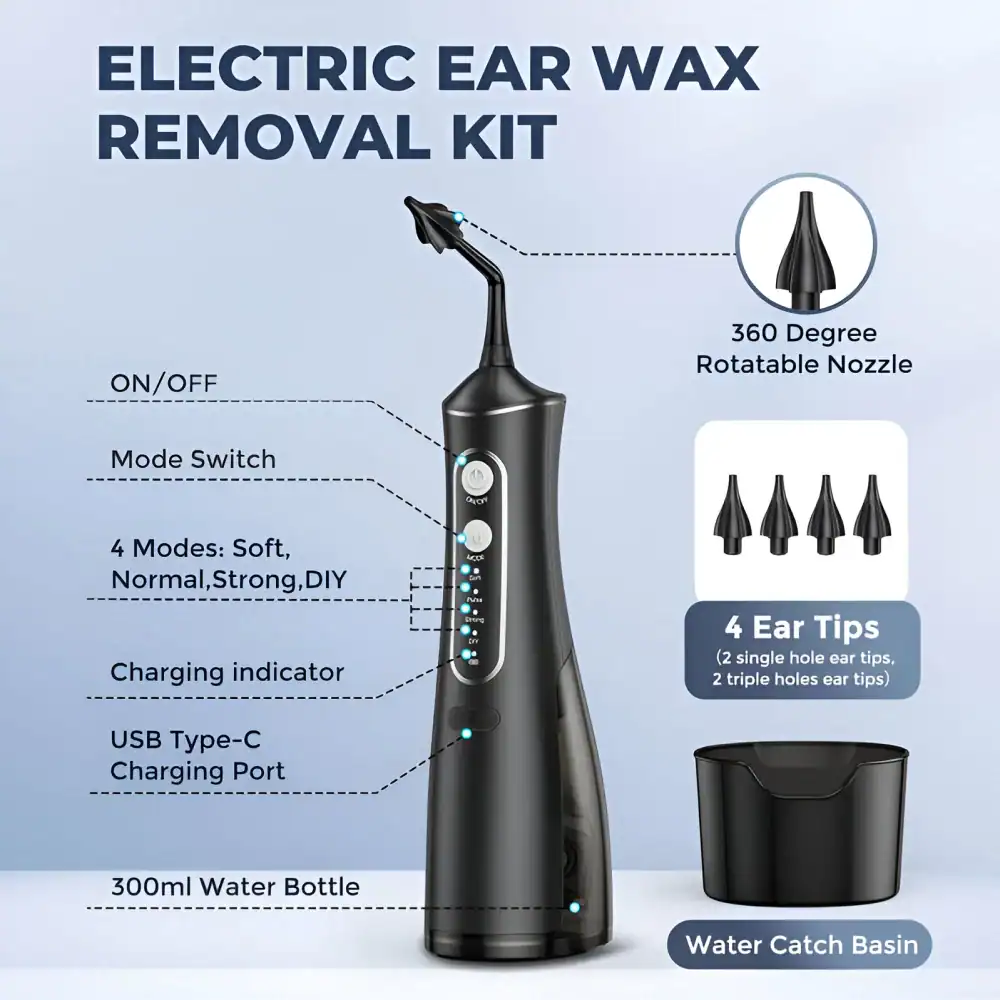 Electric ear wax removal kit with rotatable nozzle and multiple ear tips for safe, effective ear cleaning. rechargeable, with 4 modes, LED indicator, and USB Type-C charging port for convenience.