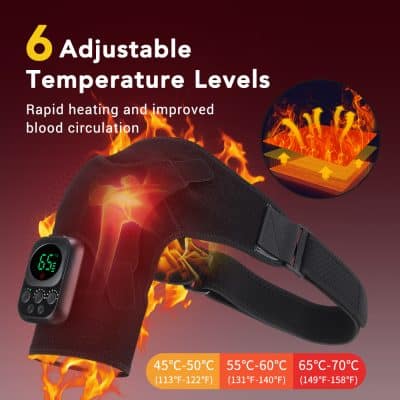 Adjustable heated shoulder wrap for pain relief, blood circulation, and muscle relaxation, featuring 6 temperature settings for personalized comfort.