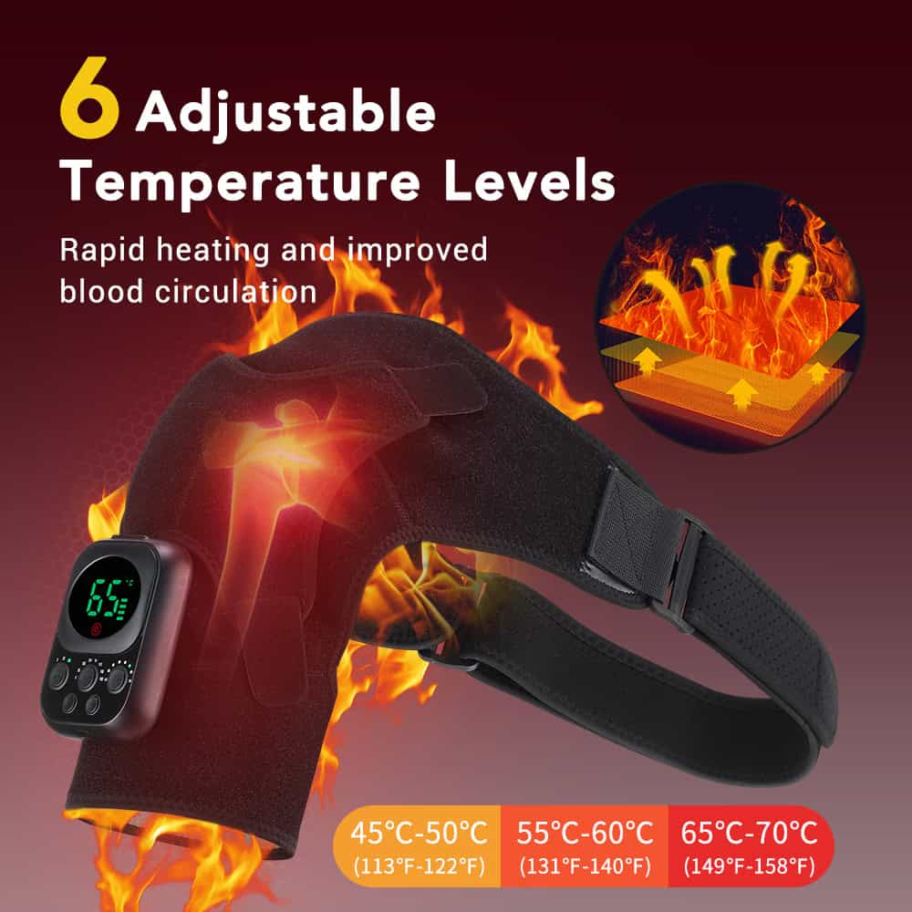 Adjustable heated shoulder wrap for pain relief, blood circulation, and muscle relaxation, featuring 6 temperature settings for personalized comfort.