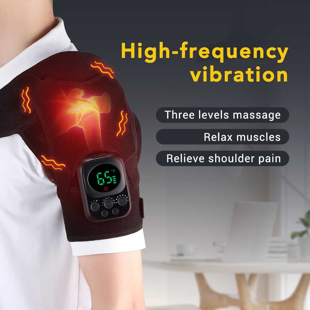 High-frequency vibration therapy device for shoulder pain relief and muscle relaxation, featuring three levels of massage and heat setting, designed to treat shoulder stiffness and soreness.