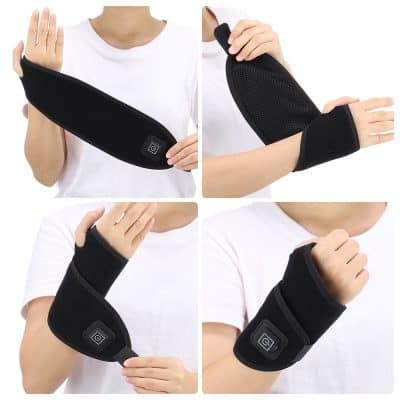 Soft wearable black heating or cooling arm brace with control button for therapeutic use in pain relief and muscle relaxation.