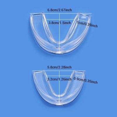 Clear dental mouthguard with precise measurements for custom fit, ideal for teeth protection and orthodontic treatment, from Monalisa Medical Store.